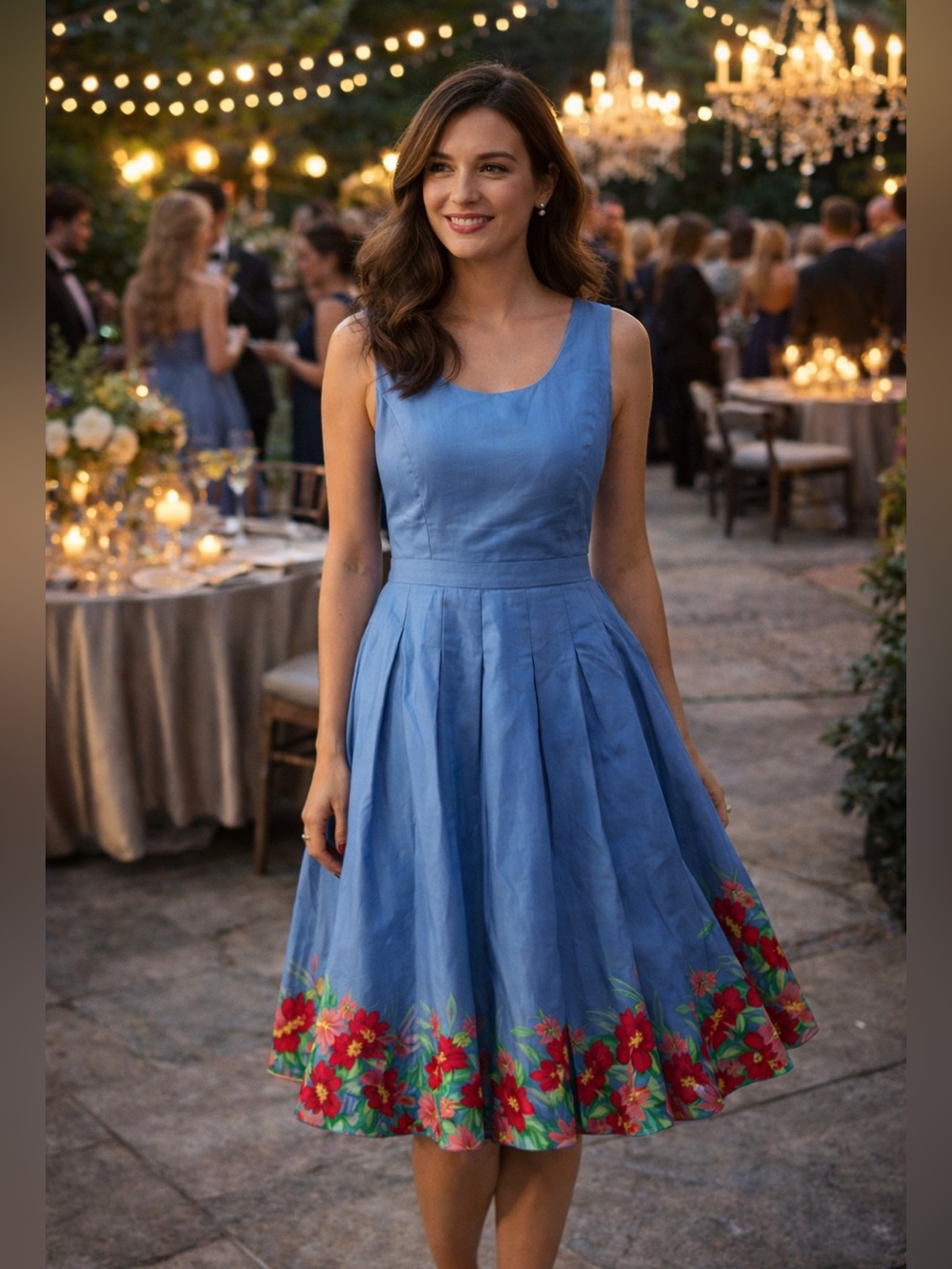 Chadwicks Blue Sleeveless Dress with Floral Hem
